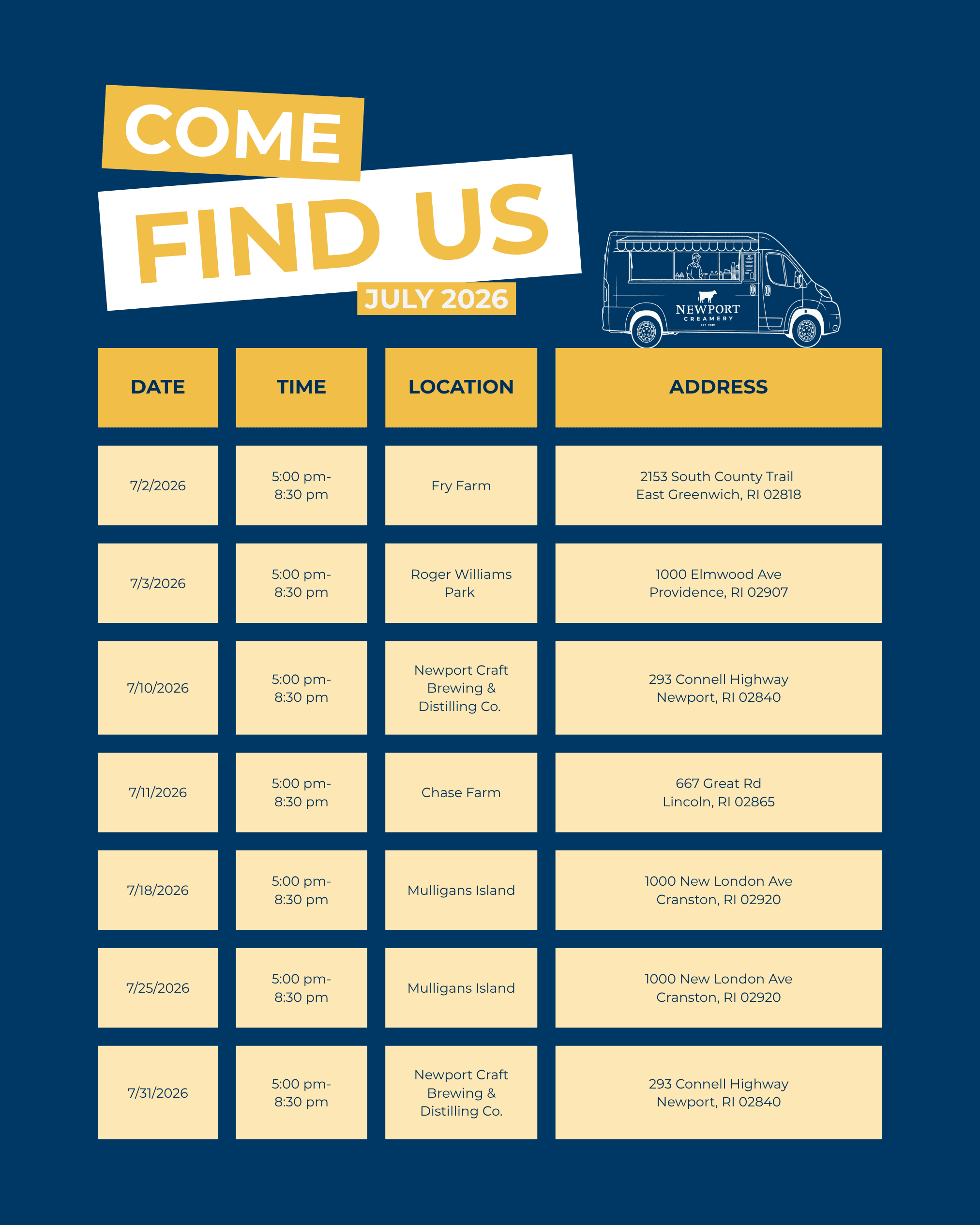 Newport Creamery ice cream truck schedule for July 2026